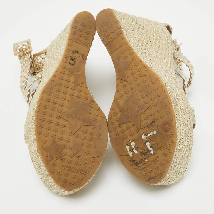 Pre Owned Jimmy Choo Gold Braided Leather Wedge Sandals Size 39