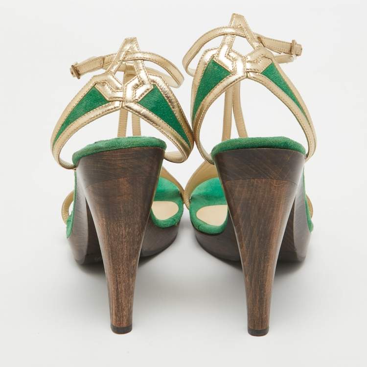 Pre Owned Jimmy Choo Green/Gold Suede and Leather T-Bar Ankle Strap Sandals Size 39