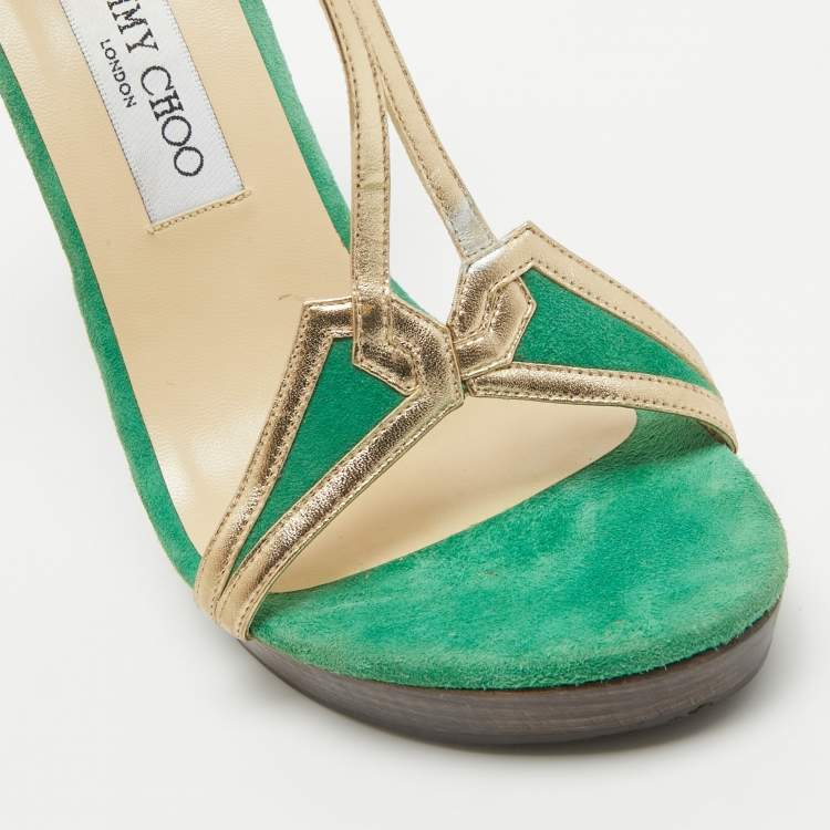 Pre Owned Jimmy Choo Green/Gold Suede and Leather T-Bar Ankle Strap Sandals Size 39