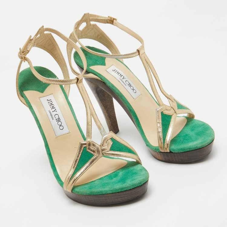 Pre Owned Jimmy Choo Green/Gold Suede and Leather T-Bar Ankle Strap Sandals Size 39