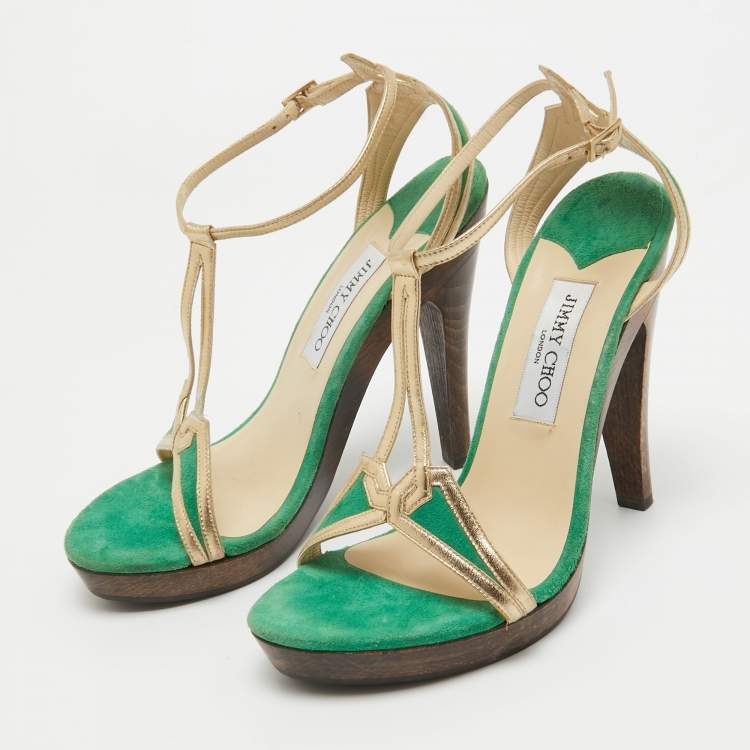 Pre Owned Jimmy Choo Green/Gold Suede and Leather T-Bar Ankle Strap Sandals Size 39