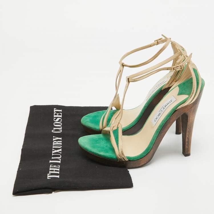 Pre Owned Jimmy Choo Green/Gold Suede and Leather T-Bar Ankle Strap Sandals Size 39