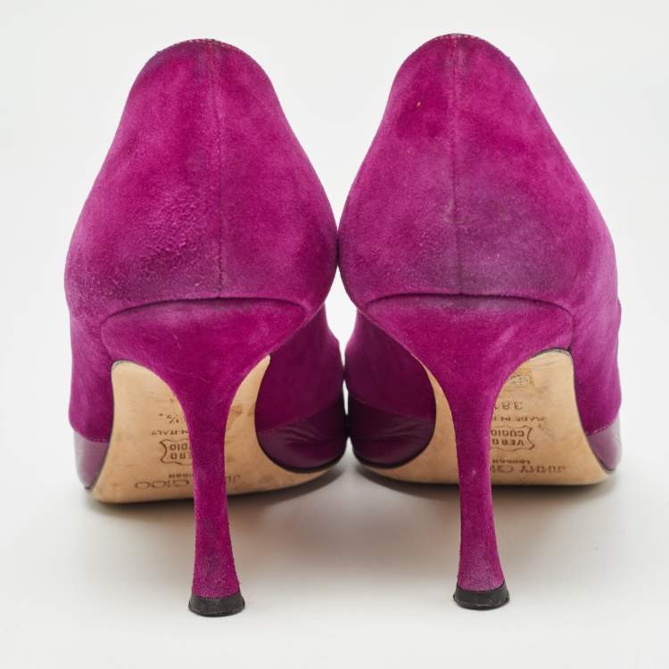 Pre Owned Jimmy Choo Purple Leather and Suede Open Toe Pumps Size 38.5