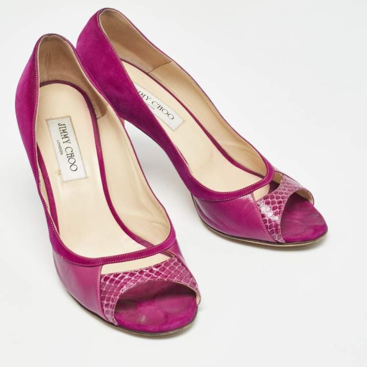 Pre Owned Jimmy Choo Purple Leather and Suede Open Toe Pumps Size 38.5