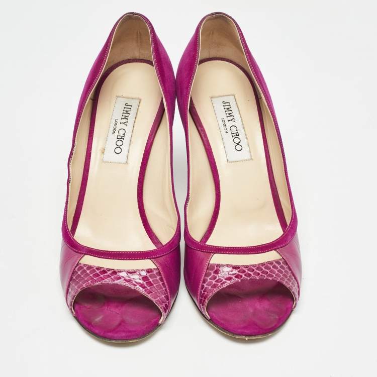 Pre Owned Jimmy Choo Purple Leather and Suede Open Toe Pumps Size 38.5