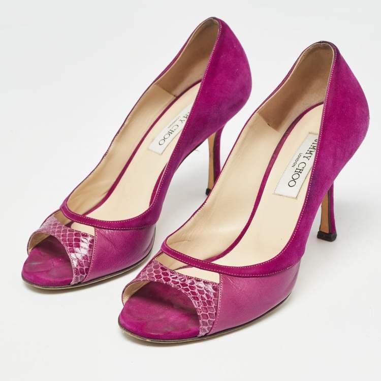 Pre Owned Jimmy Choo Purple Leather and Suede Open Toe Pumps Size 38.5