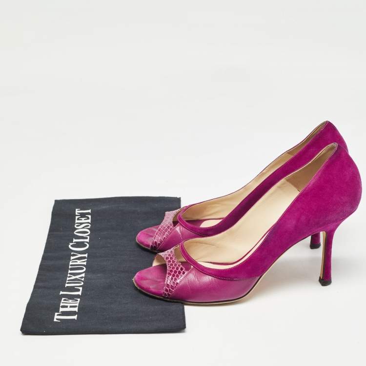 Pre Owned Jimmy Choo Purple Leather and Suede Open Toe Pumps Size 38.5