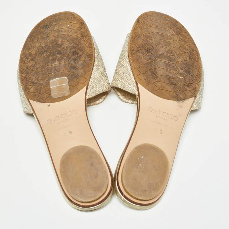 Pre Owned Jimmy Choo Gold Glitter Nanda Flat Slides Size 38.5