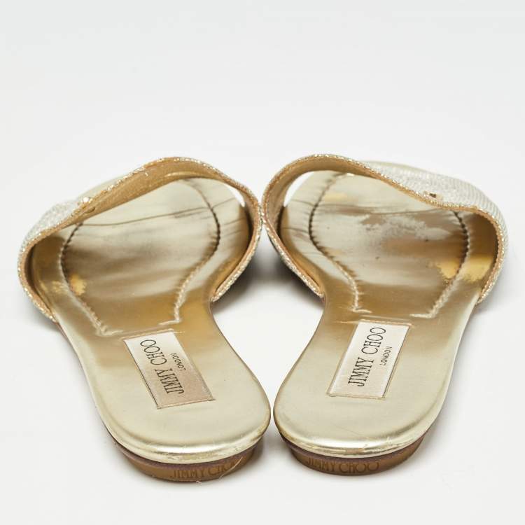 Pre Owned Jimmy Choo Gold Glitter Nanda Flat Slides Size 38.5