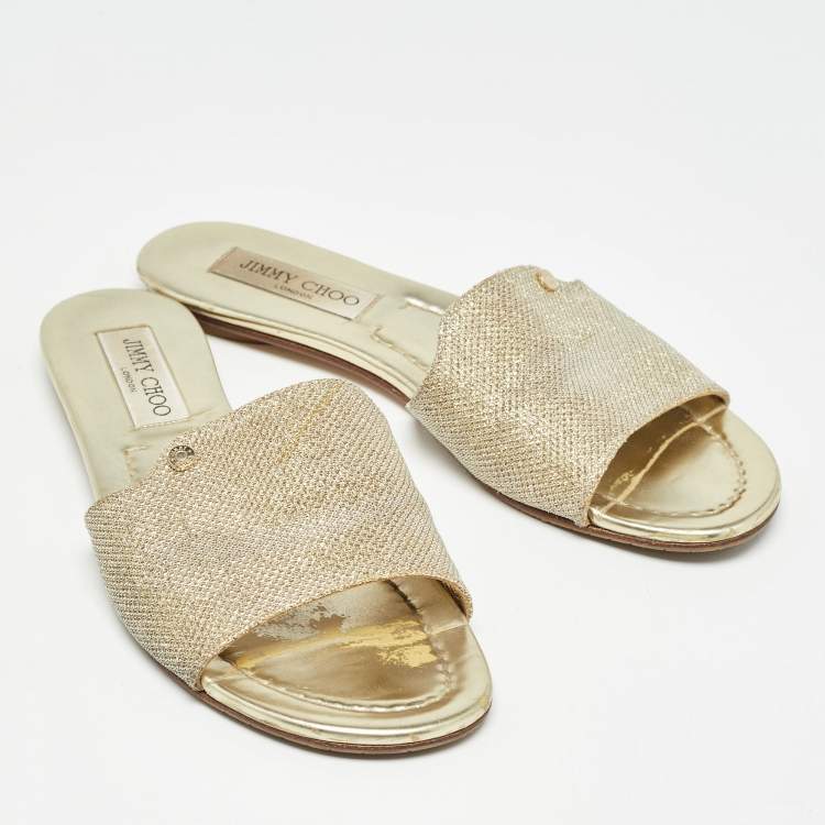 Pre Owned Jimmy Choo Gold Glitter Nanda Flat Slides Size 38.5