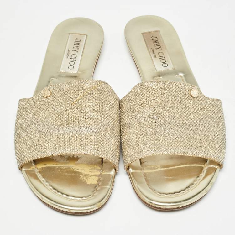 Pre Owned Jimmy Choo Gold Glitter Nanda Flat Slides Size 38.5