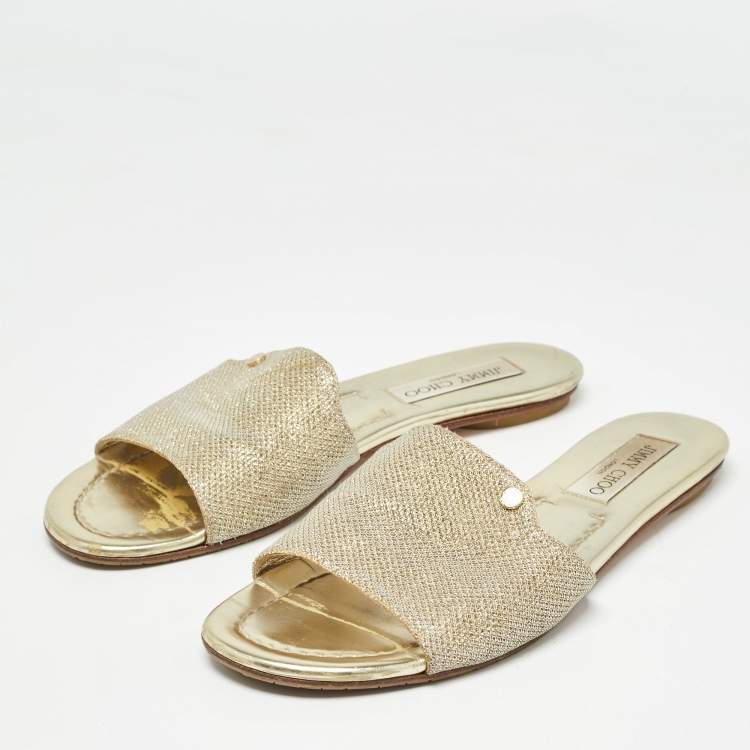 Pre Owned Jimmy Choo Gold Glitter Nanda Flat Slides Size 38.5