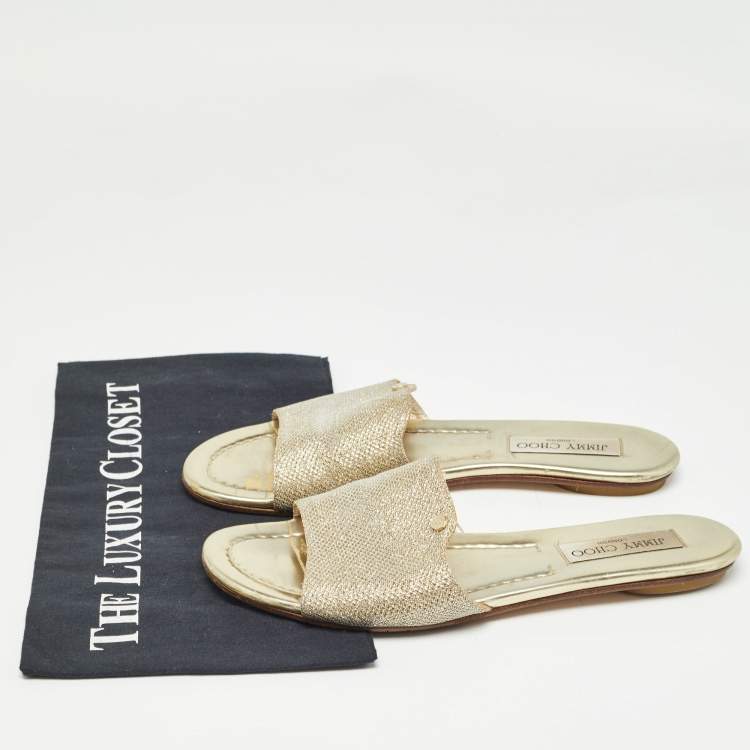 Pre Owned Jimmy Choo Gold Glitter Nanda Flat Slides Size 38.5