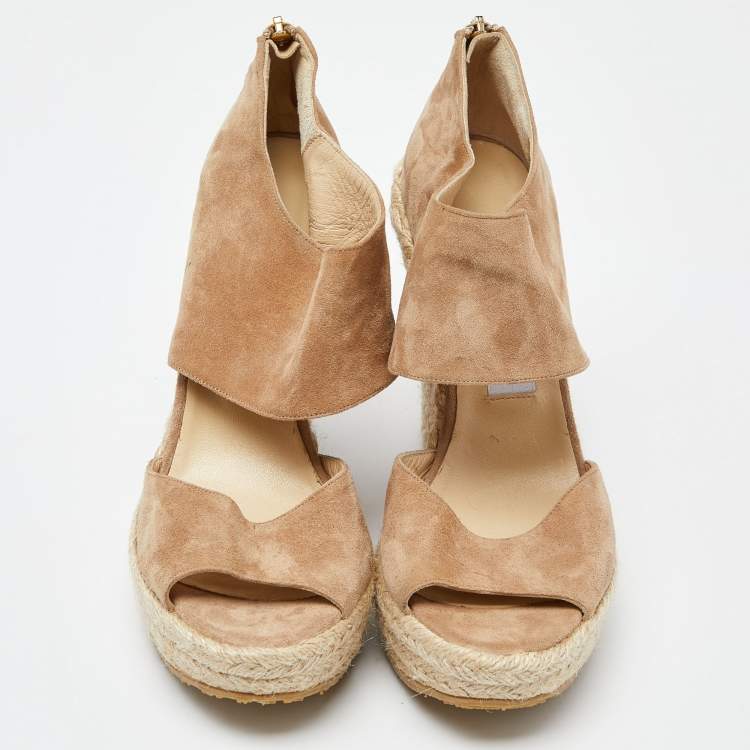 Pre Owned Jimmy Choo Beige Suede Wedge Espadrille Ankle Strap Sandals Size 38.5
