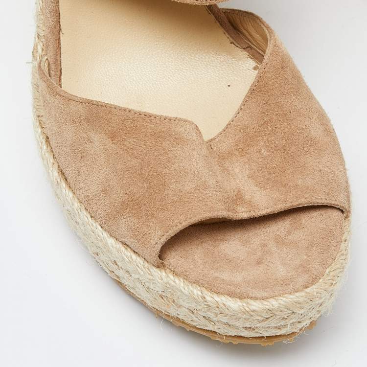 Pre Owned Jimmy Choo Beige Suede Wedge Espadrille Ankle Strap Sandals Size 38.5