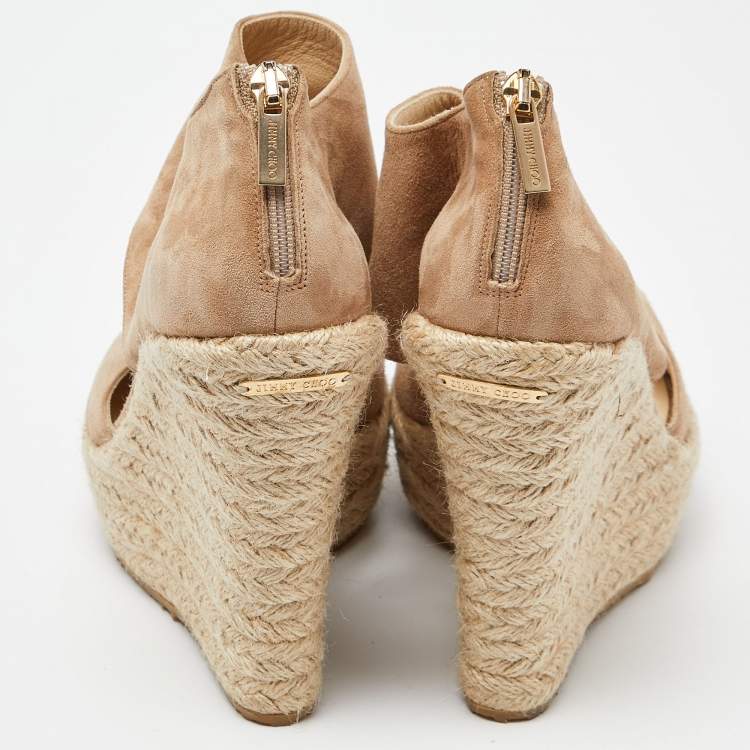 Pre Owned Jimmy Choo Beige Suede Wedge Espadrille Ankle Strap Sandals Size 38.5
