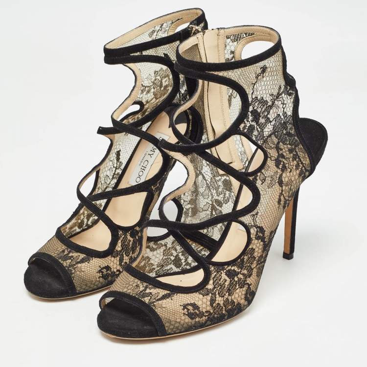 Pre Owned Jimmy Choo Black Lace and Suede Strappy Sandals Size 41