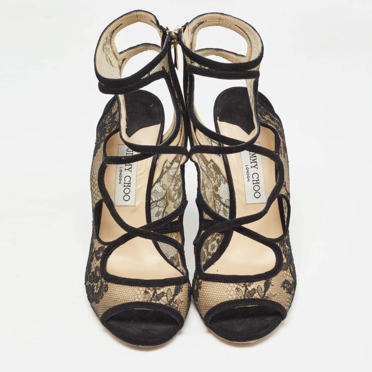 Pre Owned Jimmy Choo Black Lace and Suede Strappy Sandals Size 41