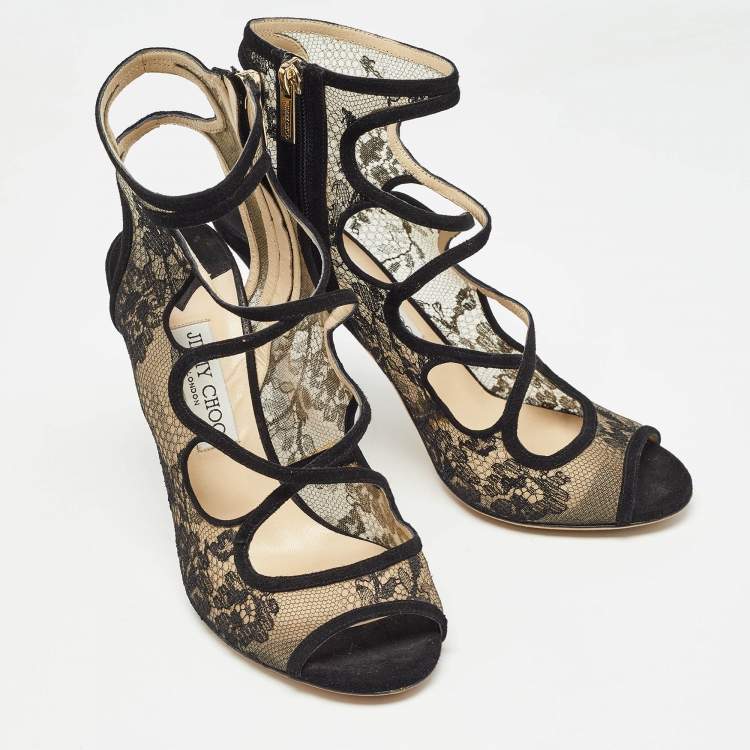 Pre Owned Jimmy Choo Black Lace and Suede Strappy Sandals Size 41