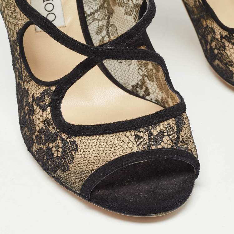 Pre Owned Jimmy Choo Black Lace and Suede Strappy Sandals Size 41