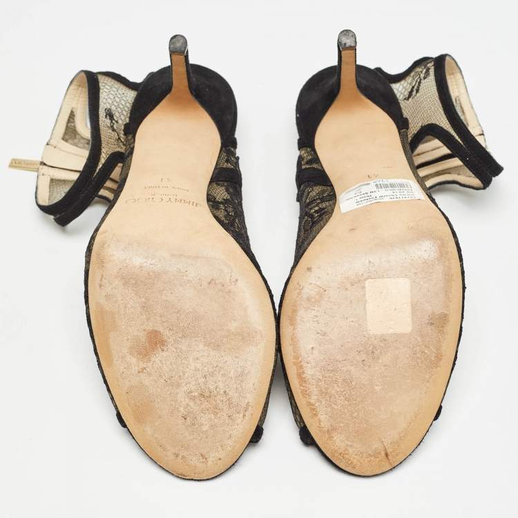 Pre Owned Jimmy Choo Black Lace and Suede Strappy Sandals Size 41