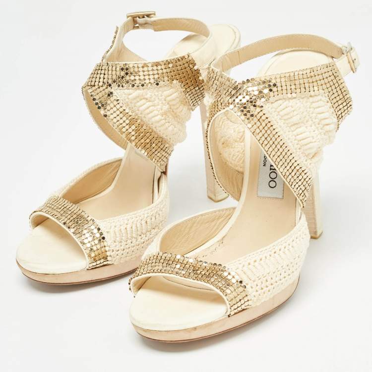 Pre Owned Jimmy Choo Knit Fabric Embellished Ankle Strap Sandals Size 39