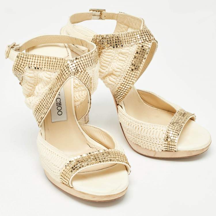 Pre Owned Jimmy Choo Knit Fabric Embellished Ankle Strap Sandals Size 39