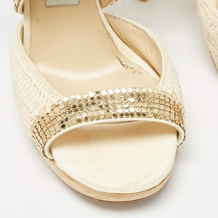 Pre Owned Jimmy Choo Knit Fabric Embellished Ankle Strap Sandals Size 39