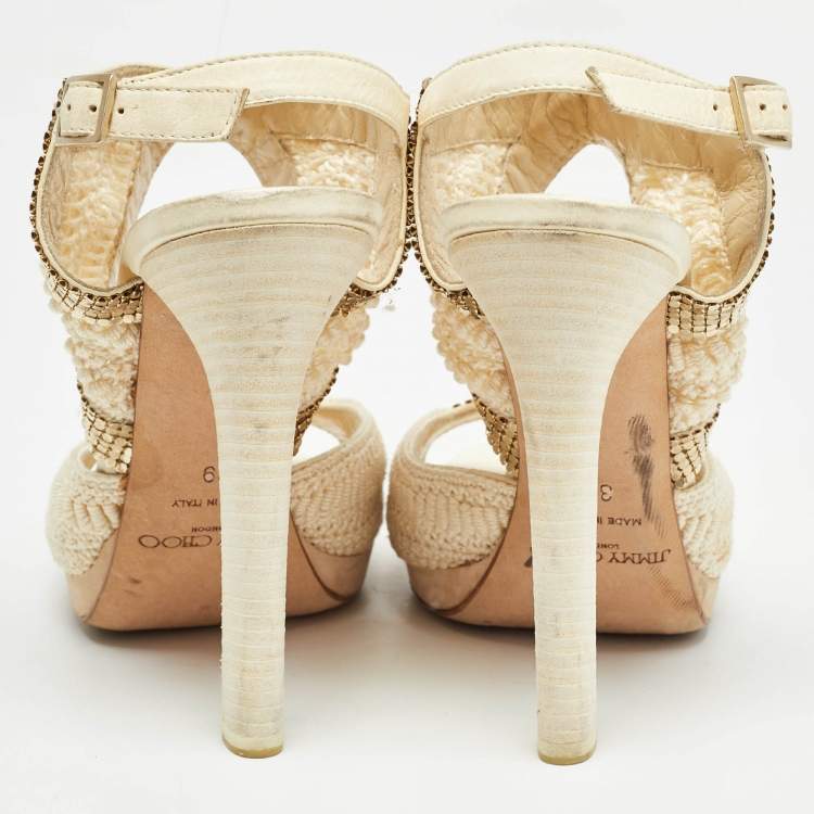 Pre Owned Jimmy Choo Knit Fabric Embellished Ankle Strap Sandals Size 39