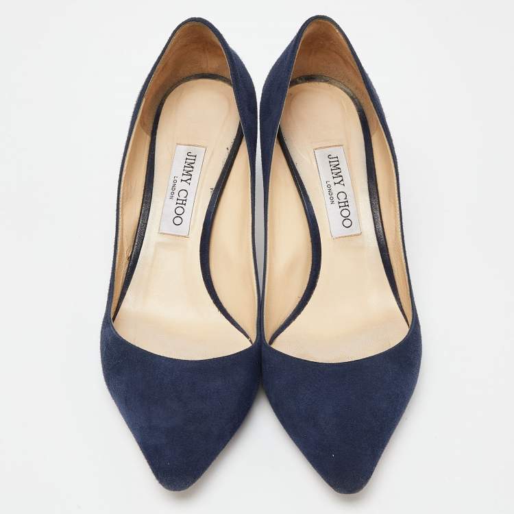 Pre Owned Jimmy Choo Navy Blue Suede Romy Pointed Toe Pumps Size 40.5