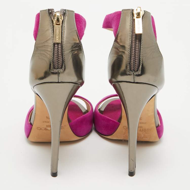 Pre Owned Jimmy Choo Purple/Metallic Grey Suede and Leather Ankle Strap Sandals Size 37.5