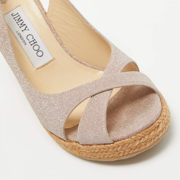 Pre Owned Jimmy Choo Metallic Pink Glitter Amely Wedge Sandals Size 37