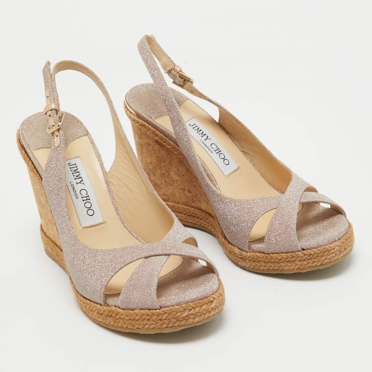 Pre Owned Jimmy Choo Metallic Pink Glitter Amely Wedge Sandals Size 37