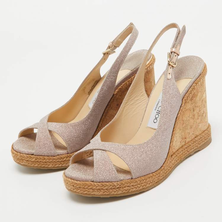 Pre Owned Jimmy Choo Metallic Pink Glitter Amely Wedge Sandals Size 37