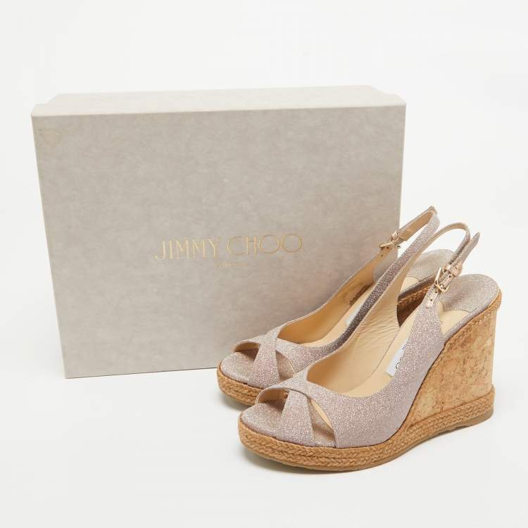 Pre Owned Jimmy Choo Metallic Pink Glitter Amely Wedge Sandals Size 37