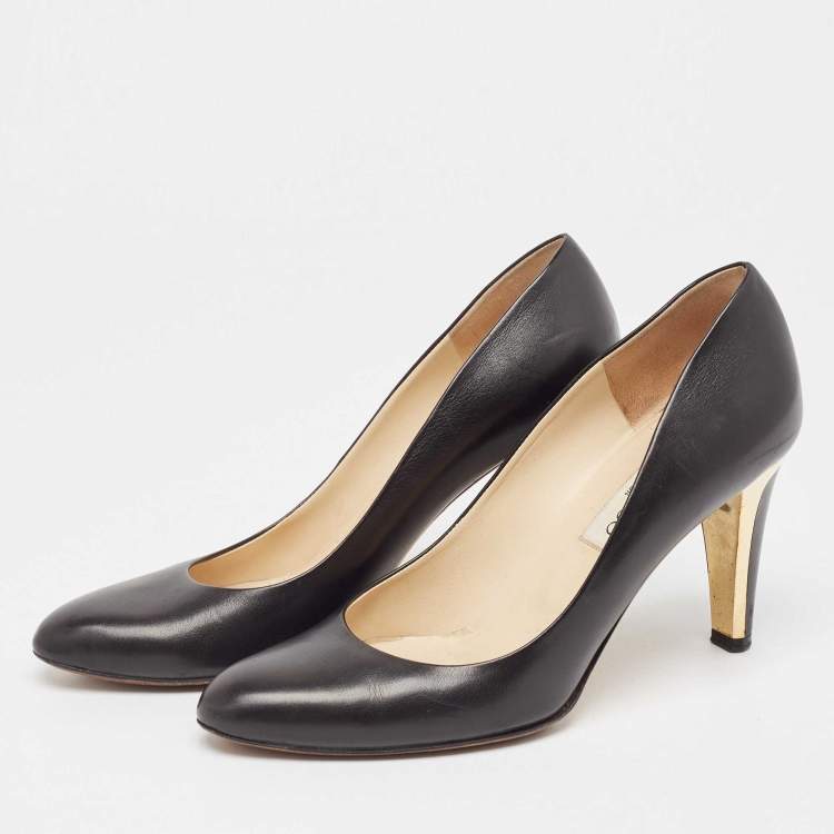 Pre Owned Jimmy Choo Black Leather Round Toe Pumps Size 37.5