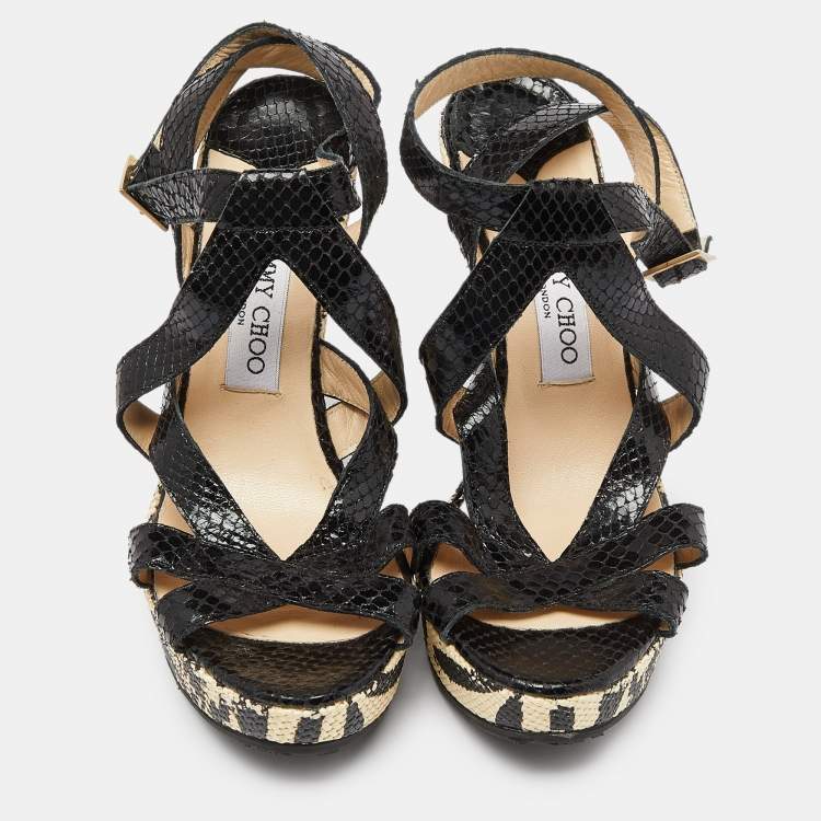 Pre Owned Jimmy Choo Black Snakeskin Embossed Leather Platform Wedge Sandals Size 39
