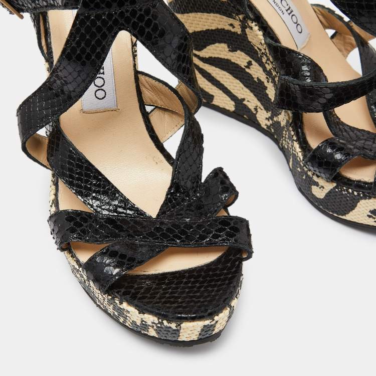 Pre Owned Jimmy Choo Black Snakeskin Embossed Leather Platform Wedge Sandals Size 39
