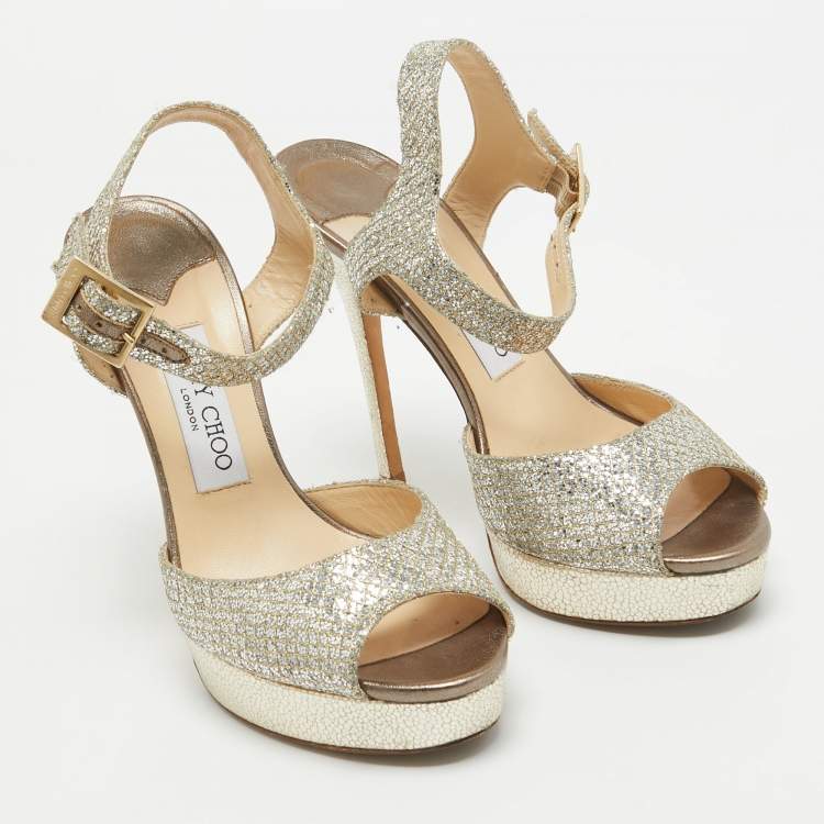 Pre Owned Jimmy Choo Silver Glitter Linda Ankle Strap Sandals Size 38
