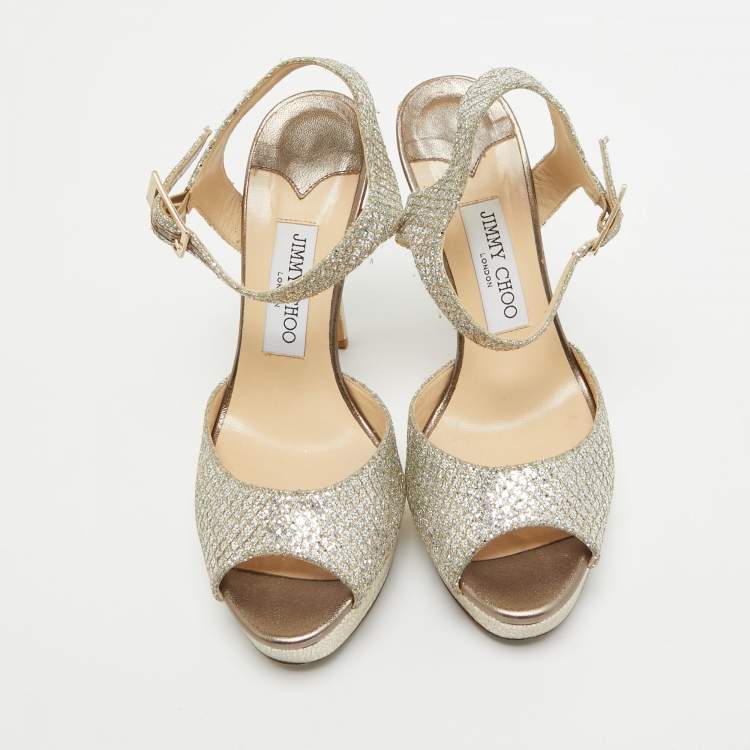 Pre Owned Jimmy Choo Silver Glitter Linda Ankle Strap Sandals Size 38