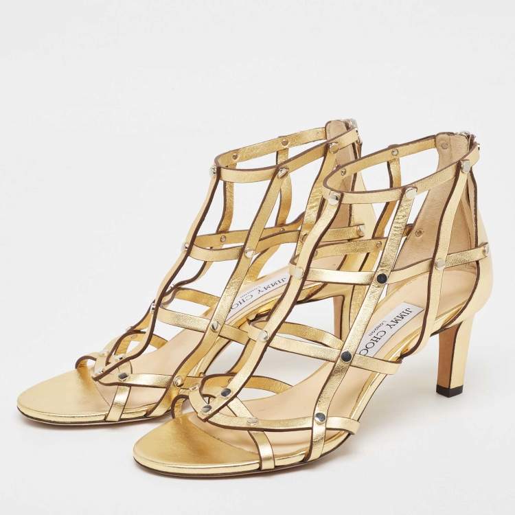 Pre Owned Jimmy Choo Gold Leather Strappy Sandals Size 38.5 