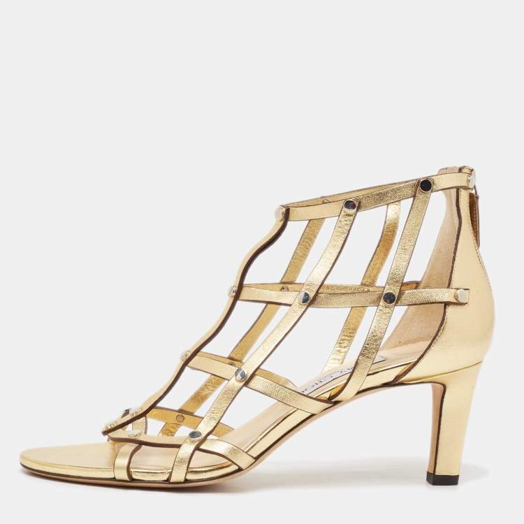 Pre Owned Jimmy Choo Gold Leather Strappy Sandals Size 38.5 