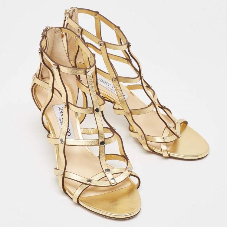 Pre Owned Jimmy Choo Gold Leather Strappy Sandals Size 38.5 