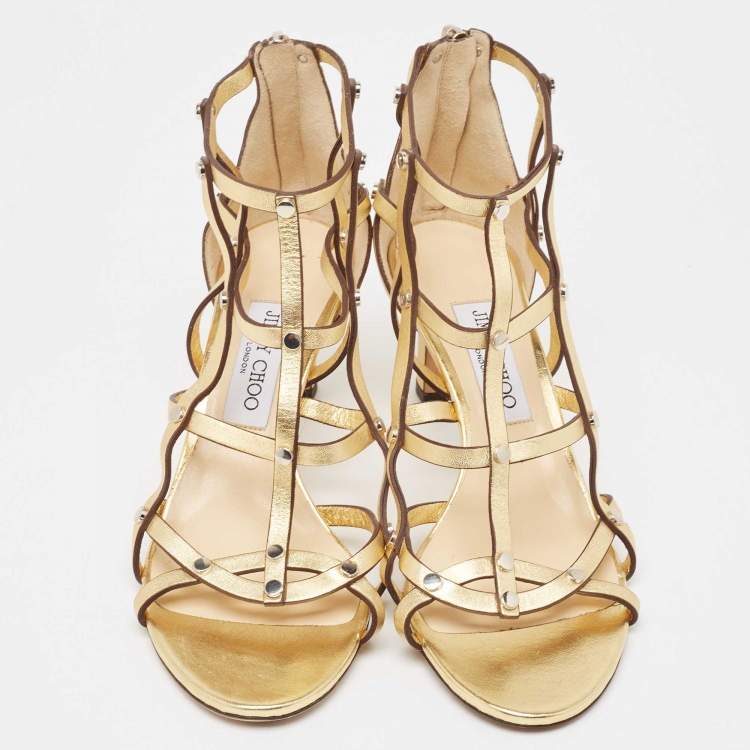 Pre Owned Jimmy Choo Gold Leather Strappy Sandals Size 38.5 