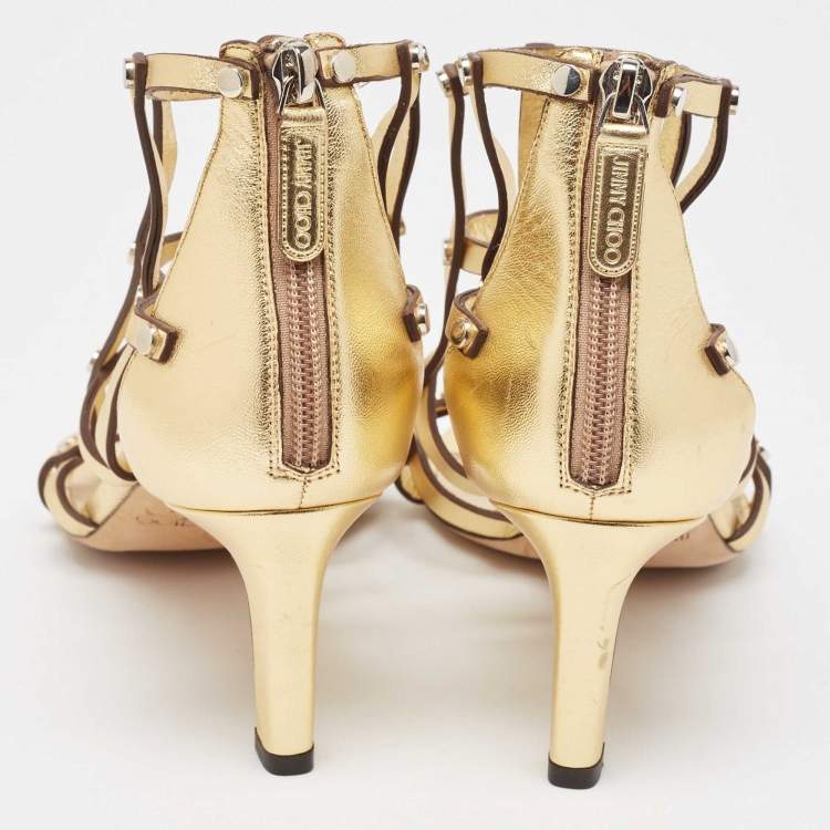 Pre Owned Jimmy Choo Gold Leather Strappy Sandals Size 38.5 