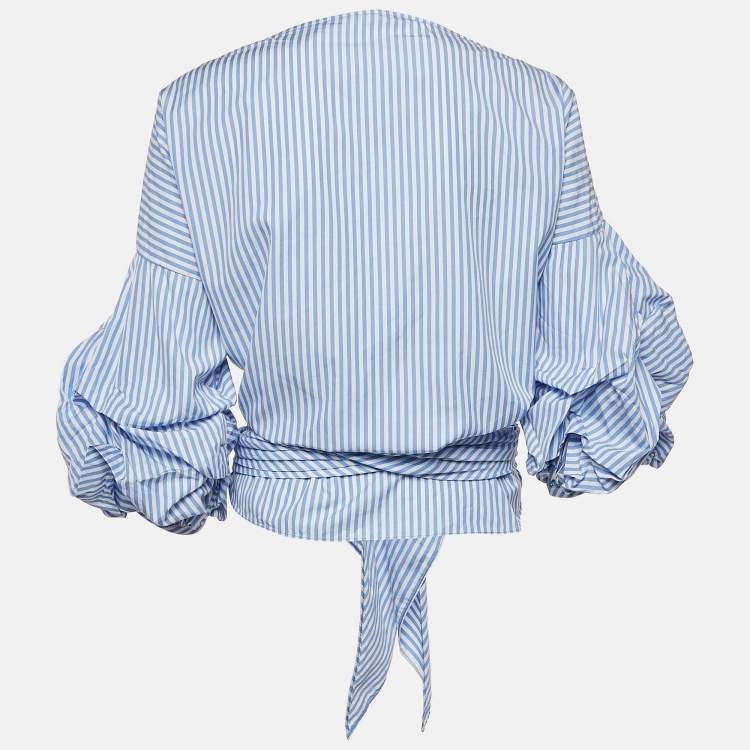 Pre Owned Johanna Ortiz Blue Stripe Cotton Blend Wrap Around Blouse M