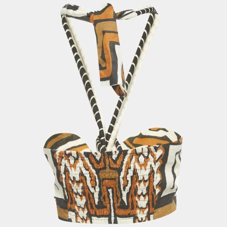 Pre Owned Johanna Ortiz Brown Printed Linen Bralette Top M
