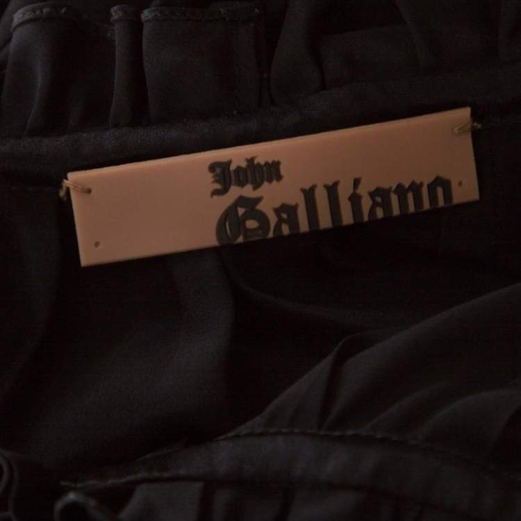 Pre Owned John Galliano Black Silk Ruffle Trim Detail Drawstring Short Dress XL