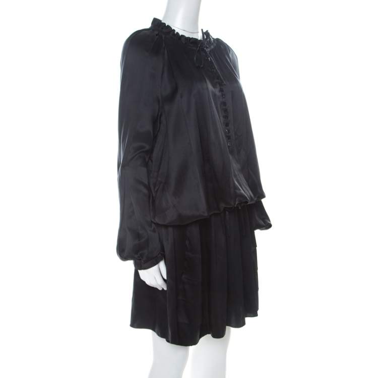 Pre Owned John Galliano Black Silk Ruffle Trim Detail Drawstring Short Dress XL
