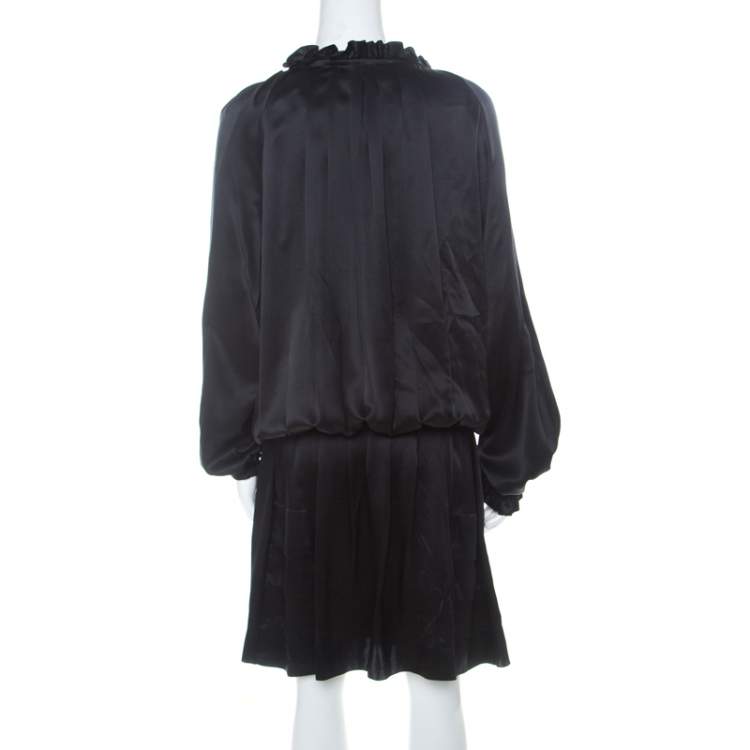 Pre Owned John Galliano Black Silk Ruffle Trim Detail Drawstring Short Dress XL